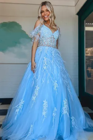 Charming Off The Shoulder Blue Lace Appliques Long Prom Dress