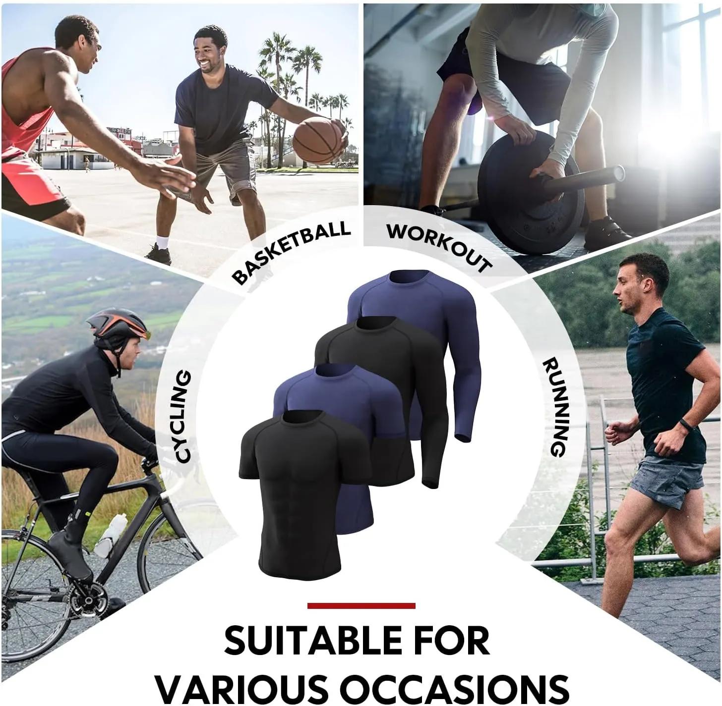 CL convallaria 4 Pack Compression Shirt Men Long Short Sleeve Cooling Dry Rash Guard Athletic T Shirt for Sports