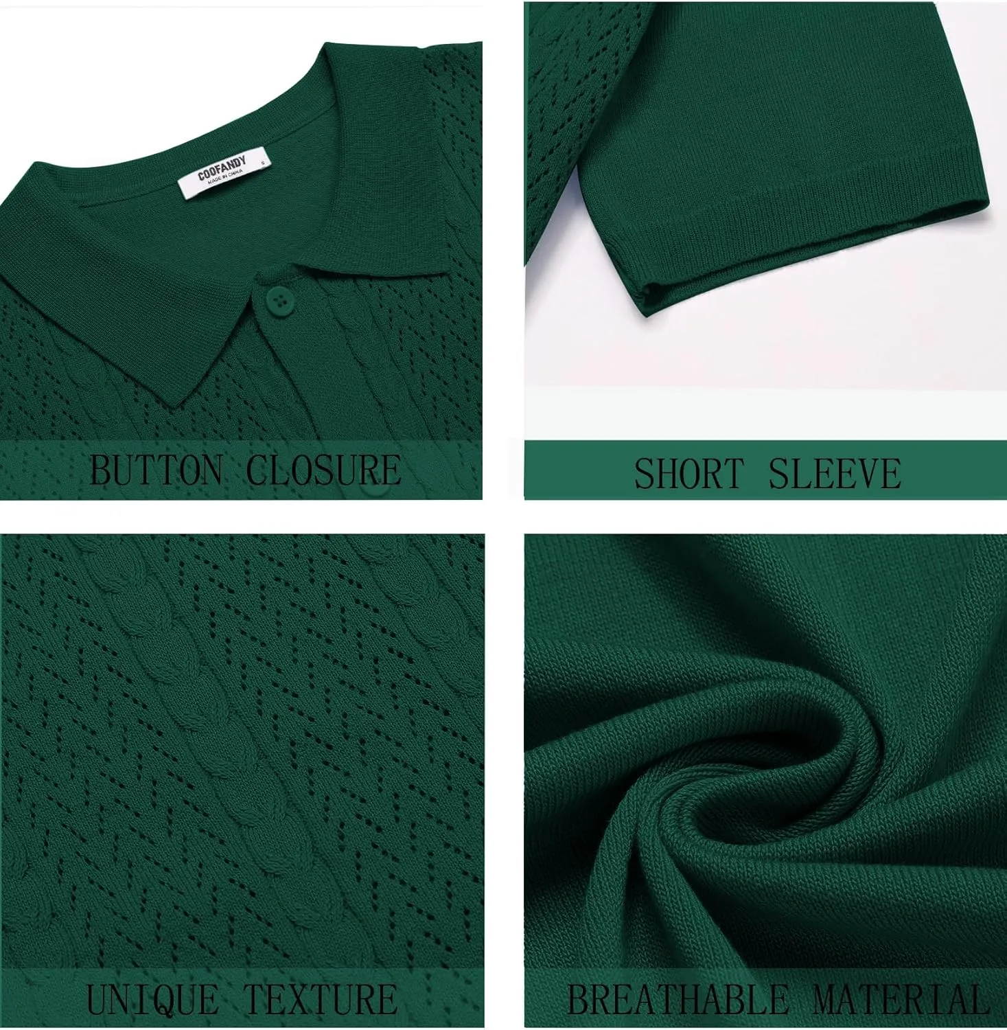 COOFANDY Mens Knit Polo Shirts Short Sleeve Button Down Shirts Casual Crochet Shirt Summer Vintage Polo