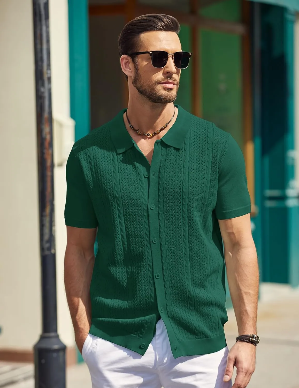 COOFANDY Mens Knit Polo Shirts Short Sleeve Button Down Shirts Casual Crochet Shirt Summer Vintage Polo