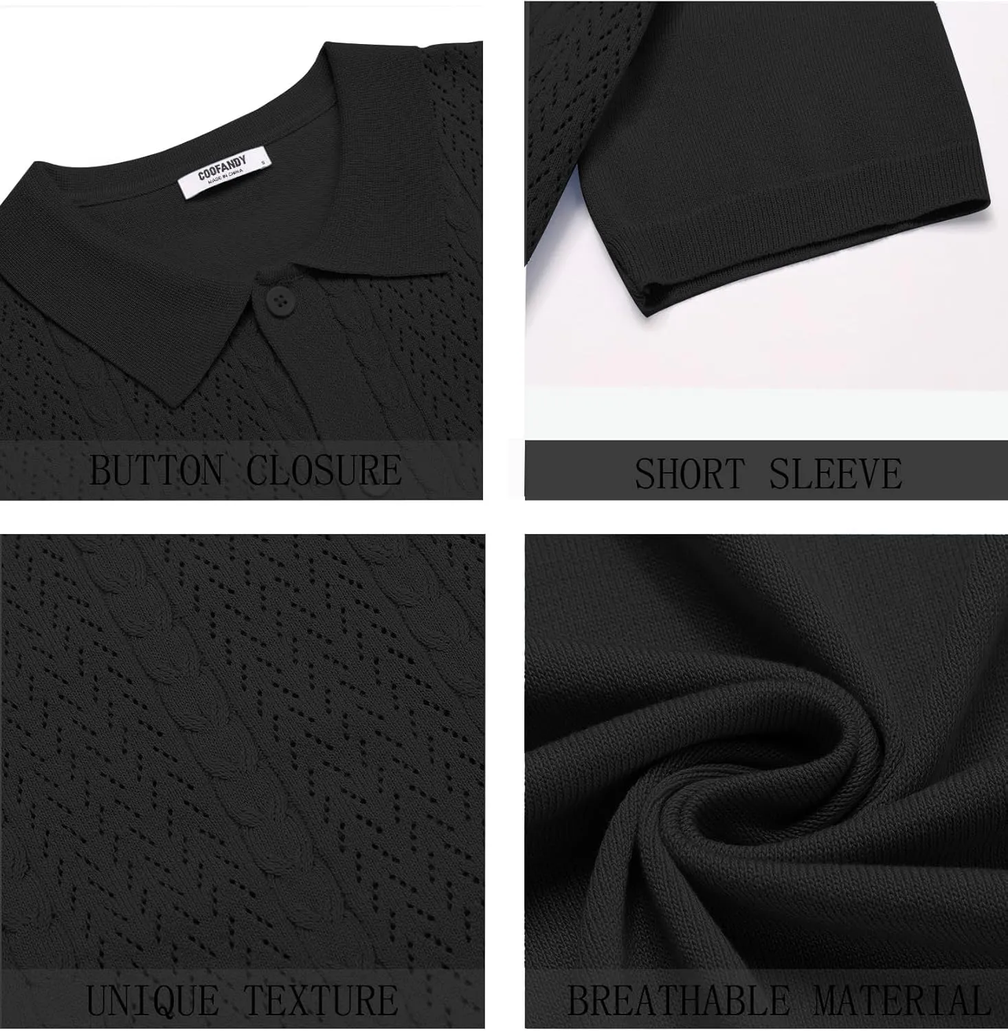 COOFANDY Mens Knit Polo Shirts Short Sleeve Button Down Shirts Casual Crochet Shirt Summer Vintage Polo