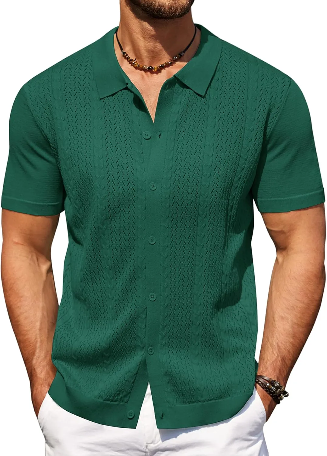 COOFANDY Mens Knit Polo Shirts Short Sleeve Button Down Shirts Casual Crochet Shirt Summer Vintage Polo