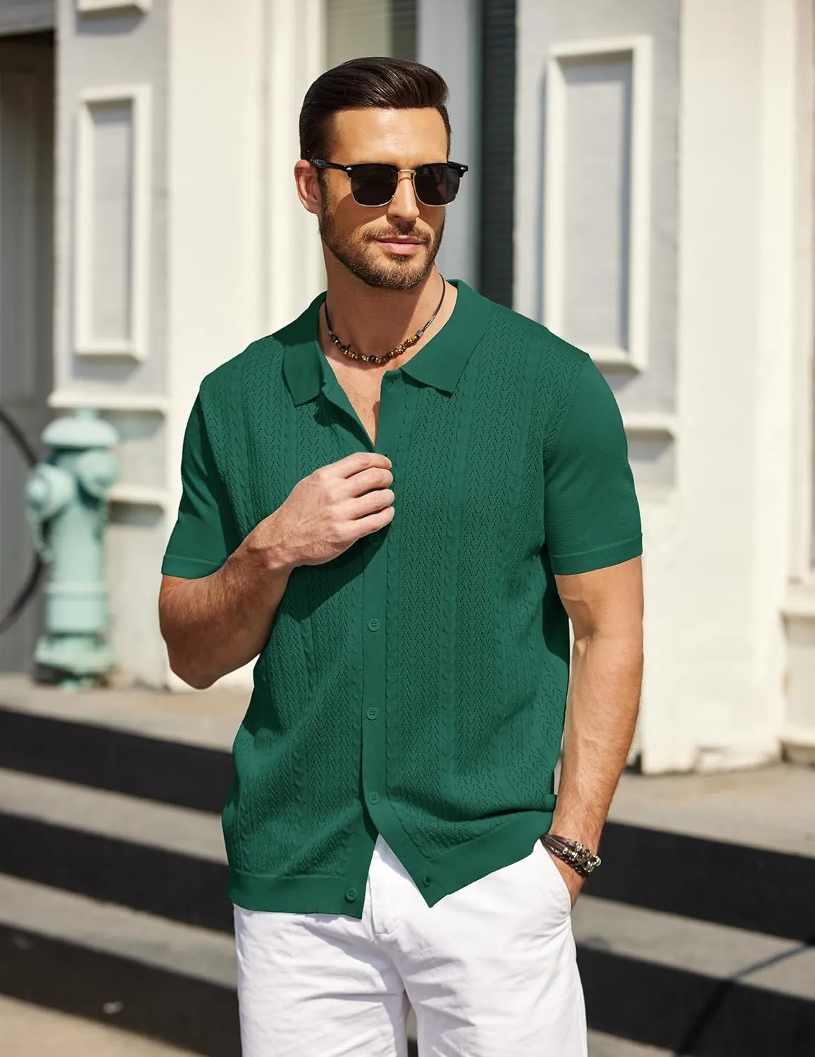 COOFANDY Mens Knit Polo Shirts Short Sleeve Button Down Shirts Casual Crochet Shirt Summer Vintage Polo