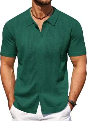 COOFANDY Mens Knit Polo Shirts Short Sleeve Button Down Shirts Casual Crochet Shirt Summer Vintage Polo