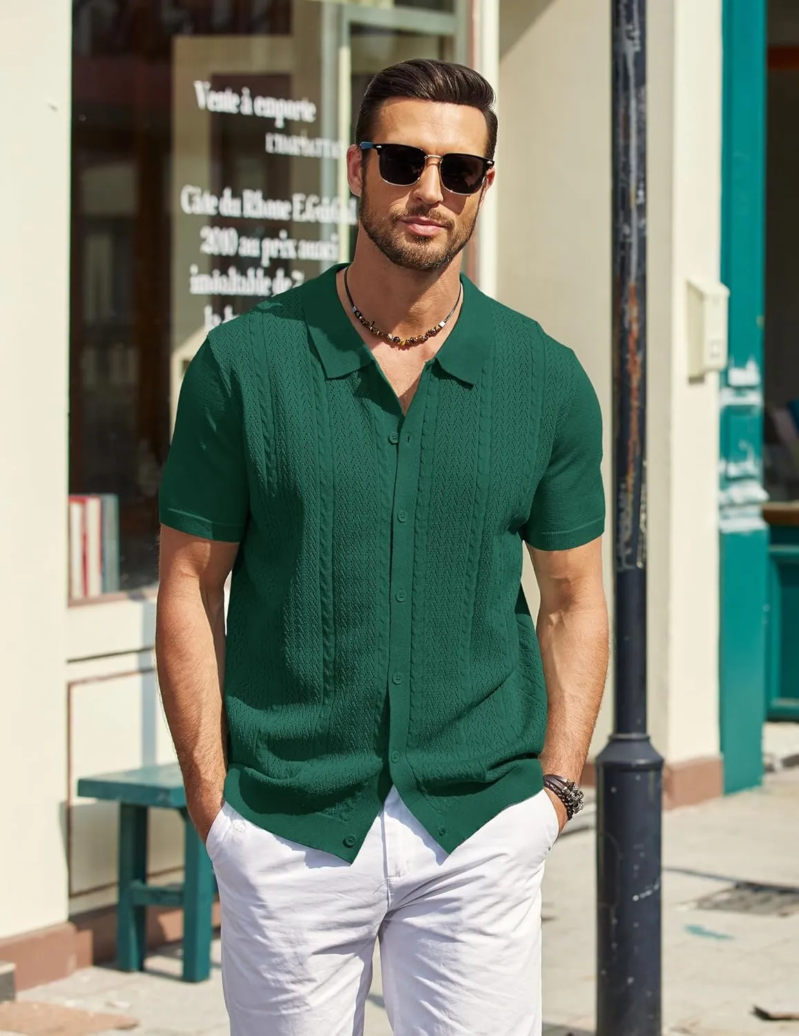 COOFANDY Mens Knit Polo Shirts Short Sleeve Button Down Shirts Casual Crochet Shirt Summer Vintage Polo
