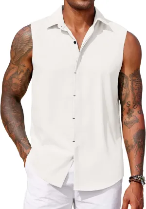 COOFANDY Mens Sleeveless Button Down Beach Shirts Casual Summer Tank Tops Collared Imitation Linen Tank Shirt