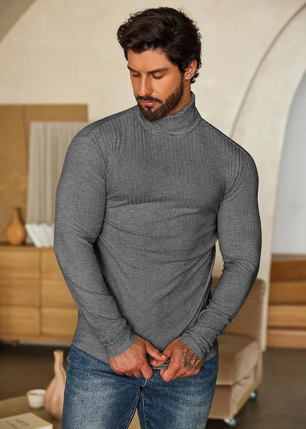 COOFANDY Men's Turtleneck Sweater Slim Fit Lightweight Basic Ribbed Sweaters