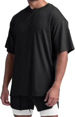 Cotton Gym Shirts Oversized Athletic Loose Workout t Shirts Short Sleeve for Men T68N