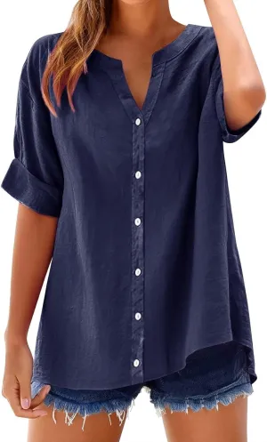 Cotton Linen Shirts for Women 2025 Summer Short Sleeve V Neck Button Down Tops Dressy Casual Oversized Tshirts