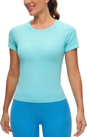 CRZ YOGA Women's Seamless Workout Tops Breathable Short Sleeve Gym Shirts Running Yoga Athletic T-Shirts