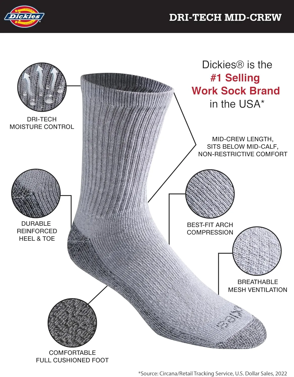 Dickies Men's Dri-Tech Mid-Crew Comfort Length Moisture Control Socks, Multipack