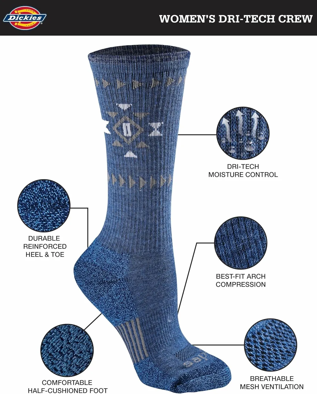 Dickies Women's Dri-tech Fashion Moisture Control Crew Socks, Available in S-XL (5, 6, 12 Pairs)