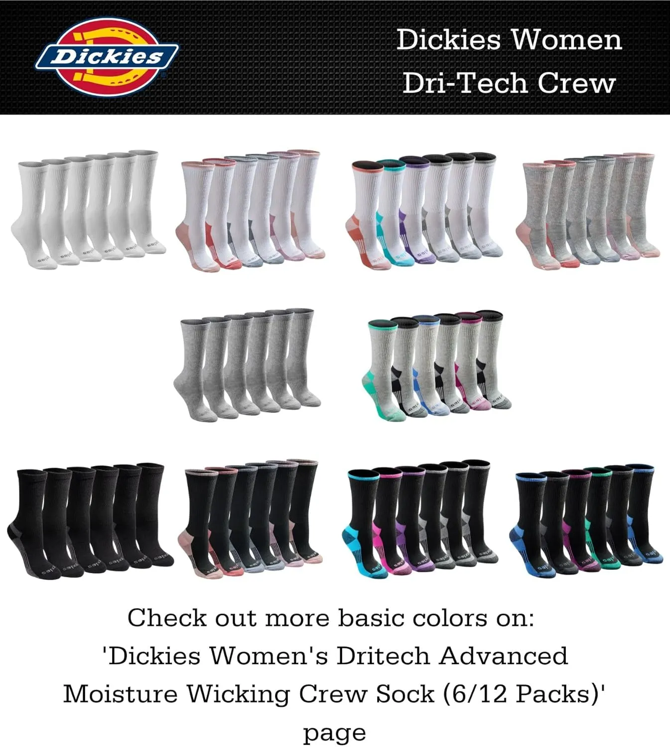 Dickies Women's Dri-tech Fashion Moisture Control Crew Socks, Available in S-XL (5, 6, 12 Pairs)