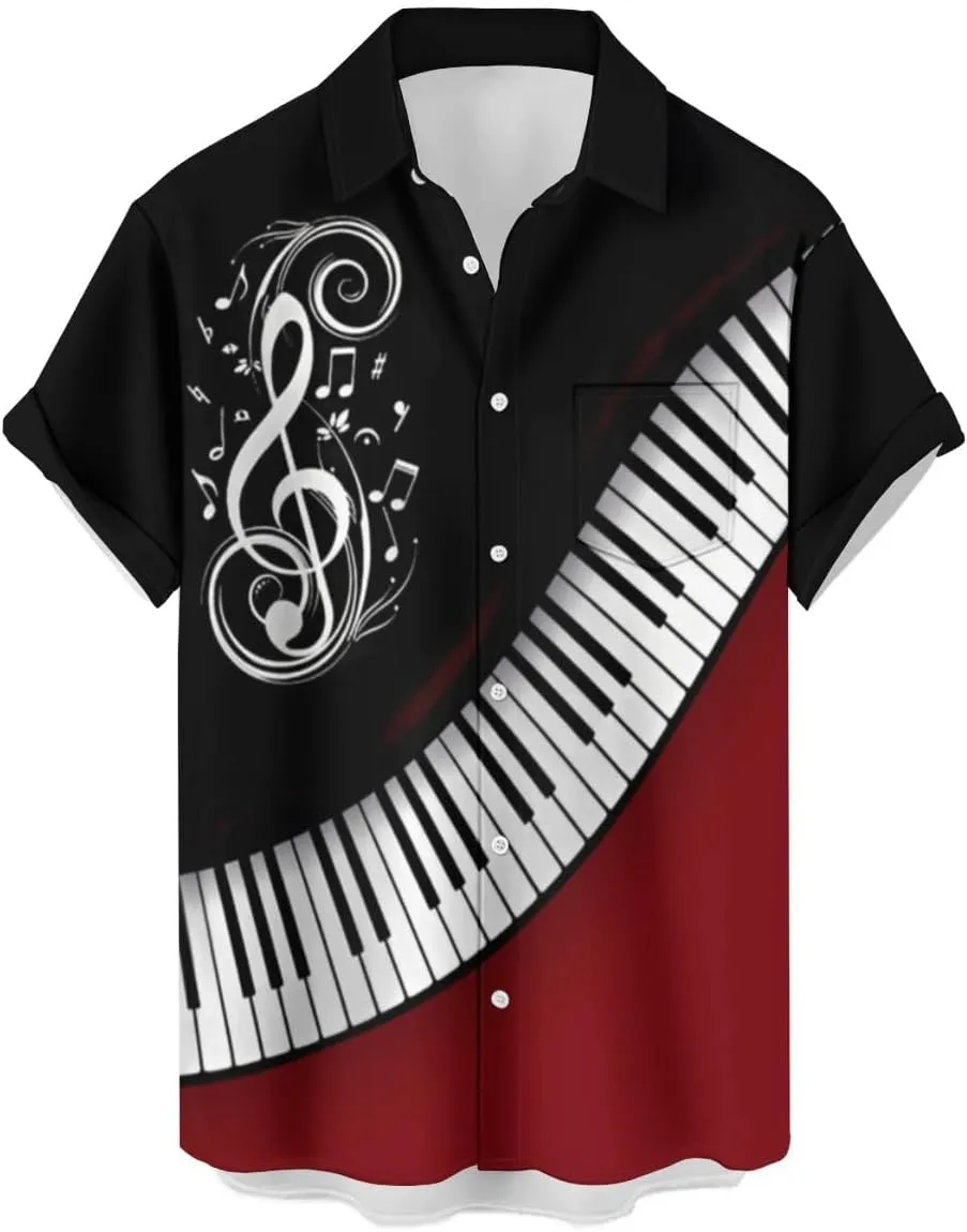 Ecosunny Music Shirts for Men Hawaiian Bowling Printed Short Sleeve Casual Button Down Shirts