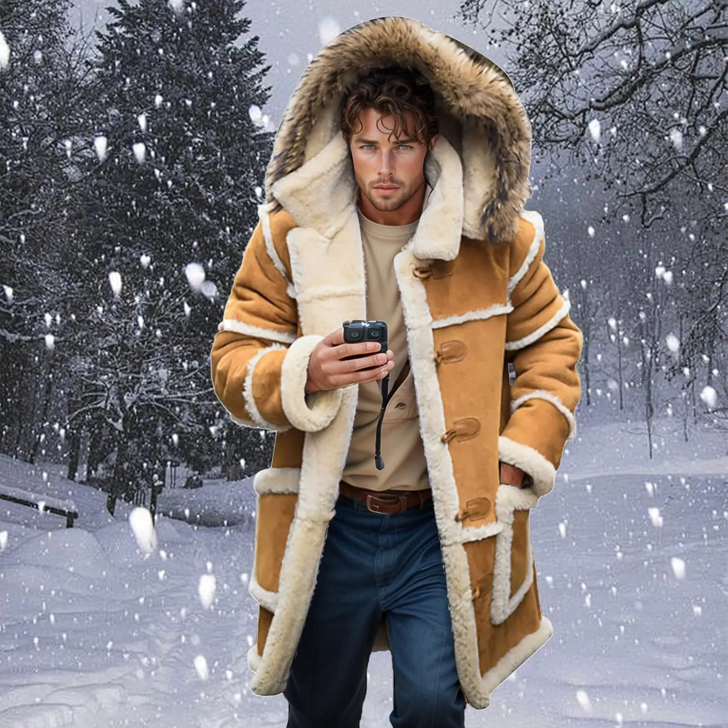 Faux Leather Jacket Men Thick Faux Fur Coat Thermal Winter Jackets Oversized Hooded Outerwear Mid Length Trench Coat