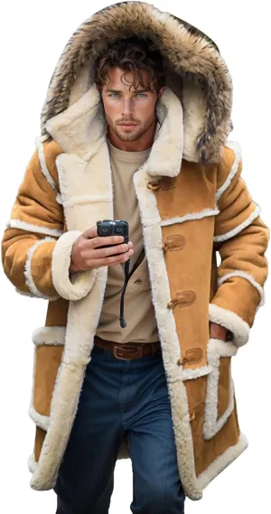 Faux Leather Jacket Men Thick Faux Fur Coat Thermal Winter Jackets Oversized Hooded Outerwear Mid Length Trench Coat