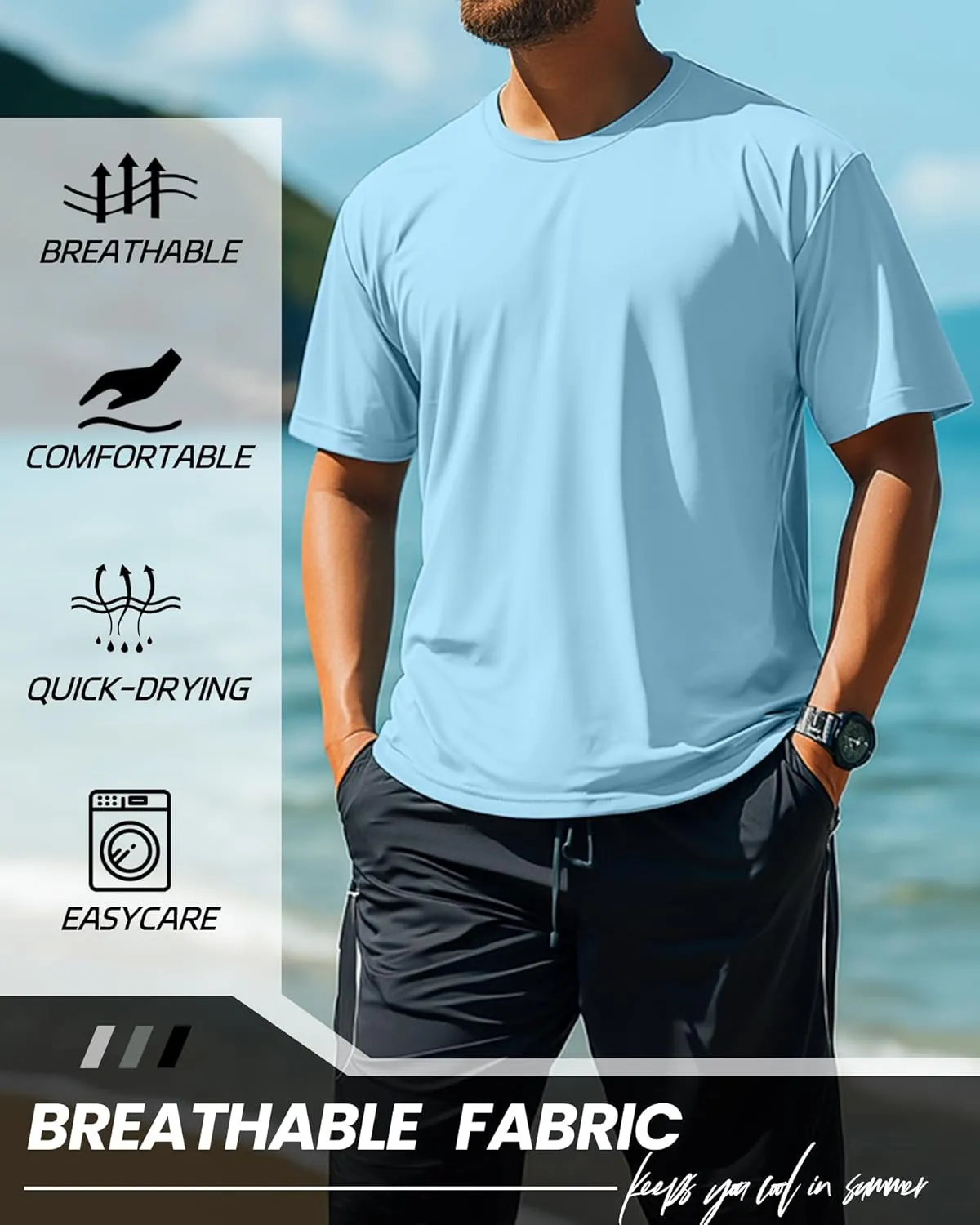 Ficerd 3 Pack Men's Big and Tall Rash Guard Shirts UPF 50  Short Sleeve Sun Protection Quick Dry Swim T Shirts