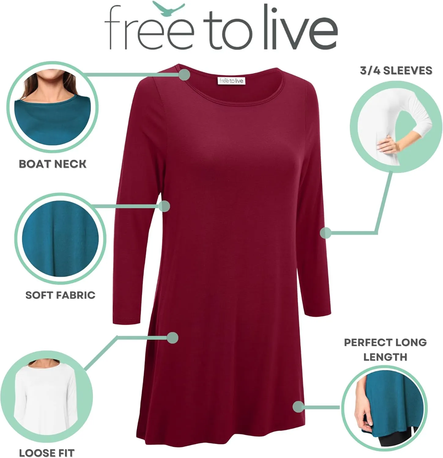 Free to Live 3 Pack 3/4 Sleeve Tunic Tops for Women Casual Long Shirts Loose Fit Dressy to Wear with Leggings Travel Clothes