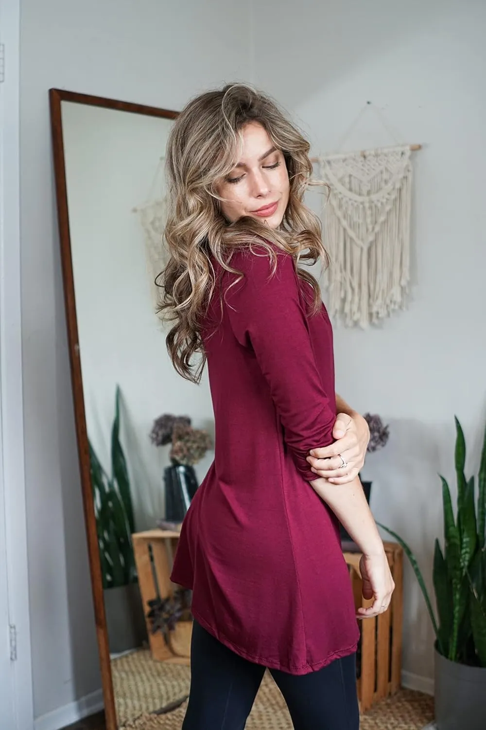 Free to Live 3 Pack 3/4 Sleeve Tunic Tops for Women Casual Long Shirts Loose Fit Dressy to Wear with Leggings Travel Clothes
