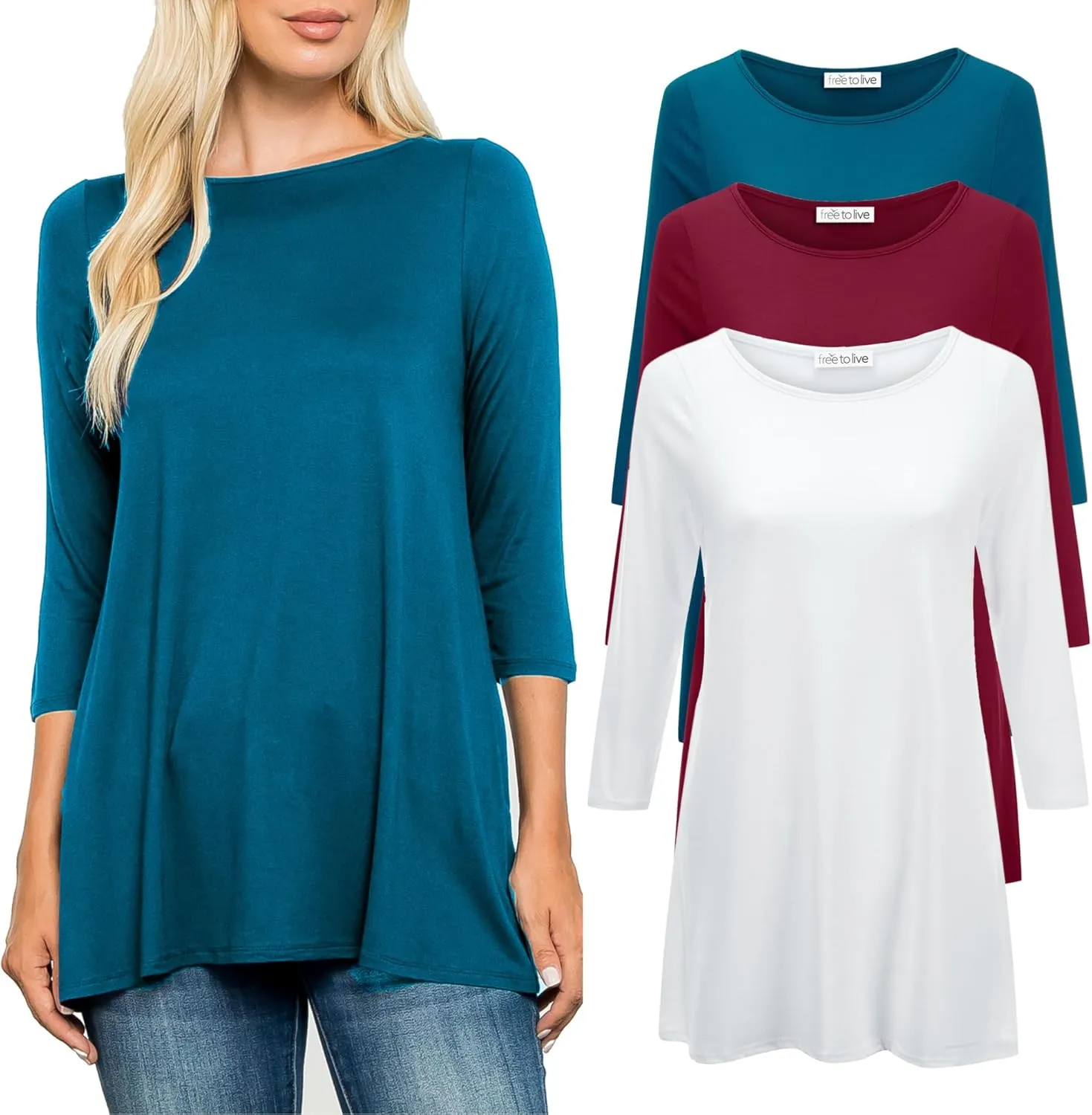 Free to Live 3 Pack 3/4 Sleeve Tunic Tops for Women Casual Long Shirts Loose Fit Dressy to Wear with Leggings Travel Clothes