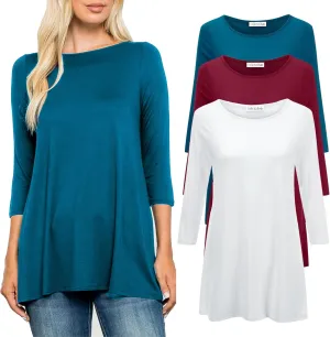 Free to Live 3 Pack 3/4 Sleeve Tunic Tops for Women Casual Long Shirts Loose Fit Dressy to Wear with Leggings Travel Clothes