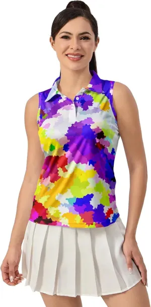 Funny Sleeveless Golf Polo for Women Colorful Sleeveless Quick Dry Polo Shirts Ladies Golf Shirts Golf Outfits for Women