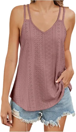 Generic 2024 Flowy Tank Tops for Women Sexy V Neck Sleeveless Spaghetti Strap Camisole Casual Summer Embroidery Eyelet Shirts