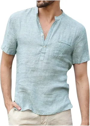 generic Men's Linen Shirts Casual Button Down Short Sleeve Summer Quick Dry Breathable T-Shirt Mens Lounge Tops Plain Solid