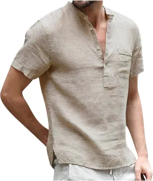 generic Men's Linen Shirts Casual Button Down Short Sleeve Summer Quick Dry Breathable T-Shirt Mens Lounge Tops Plain Solid