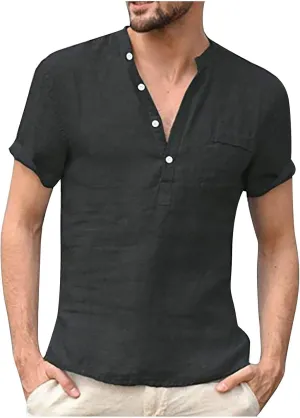 generic Men's Linen Shirts Casual Button Down Short Sleeve Summer Quick Dry Breathable T-Shirt Mens Lounge Tops Plain Solid
