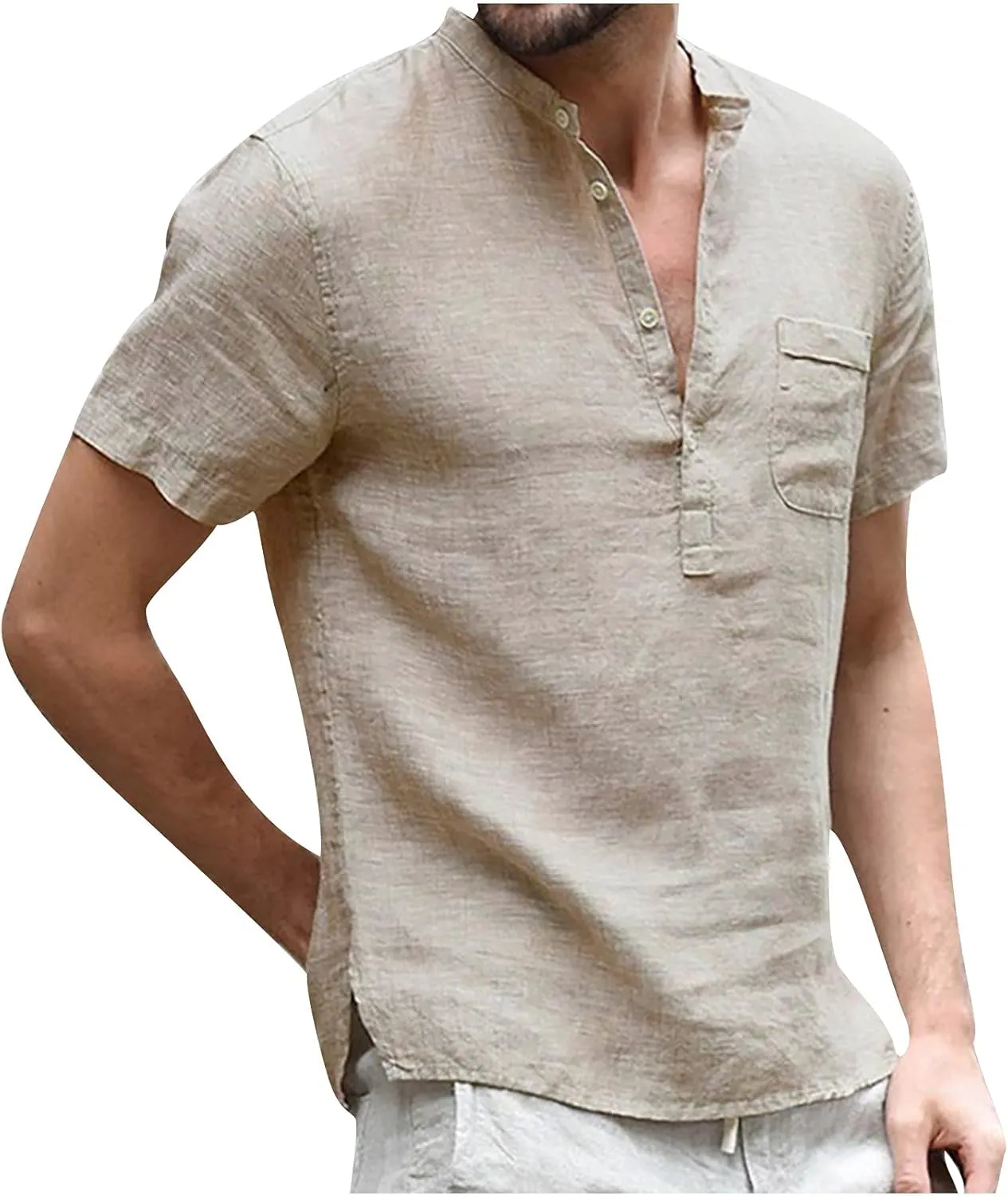 generic Men's Linen Shirts Casual Button Down Short Sleeve Summer Quick Dry Breathable T-Shirt Mens Lounge Tops Plain Solid