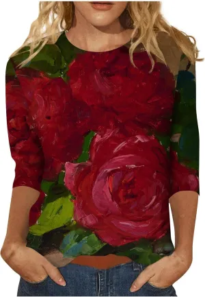 Going Out Tops for Women Floral Print Crewneck Blouses 3/4 Sleeve Baggy Tunic Tops Cute Loose Casual Pullover