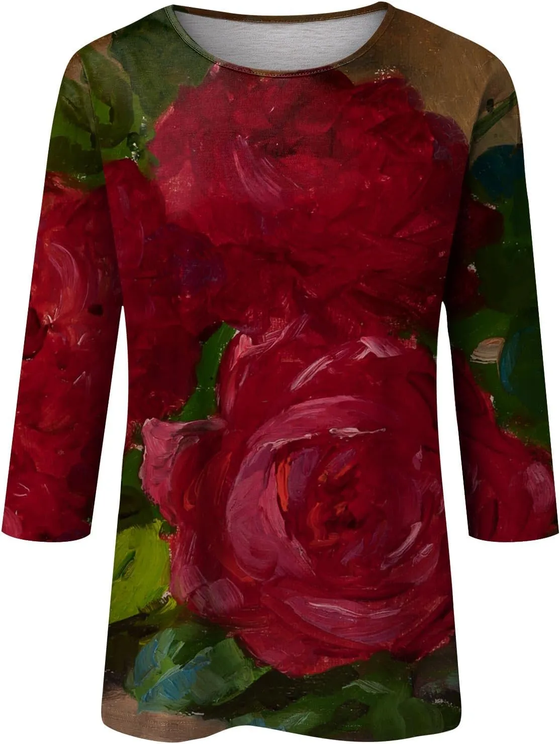 Going Out Tops for Women Floral Print Crewneck Blouses 3/4 Sleeve Baggy Tunic Tops Cute Loose Casual Pullover
