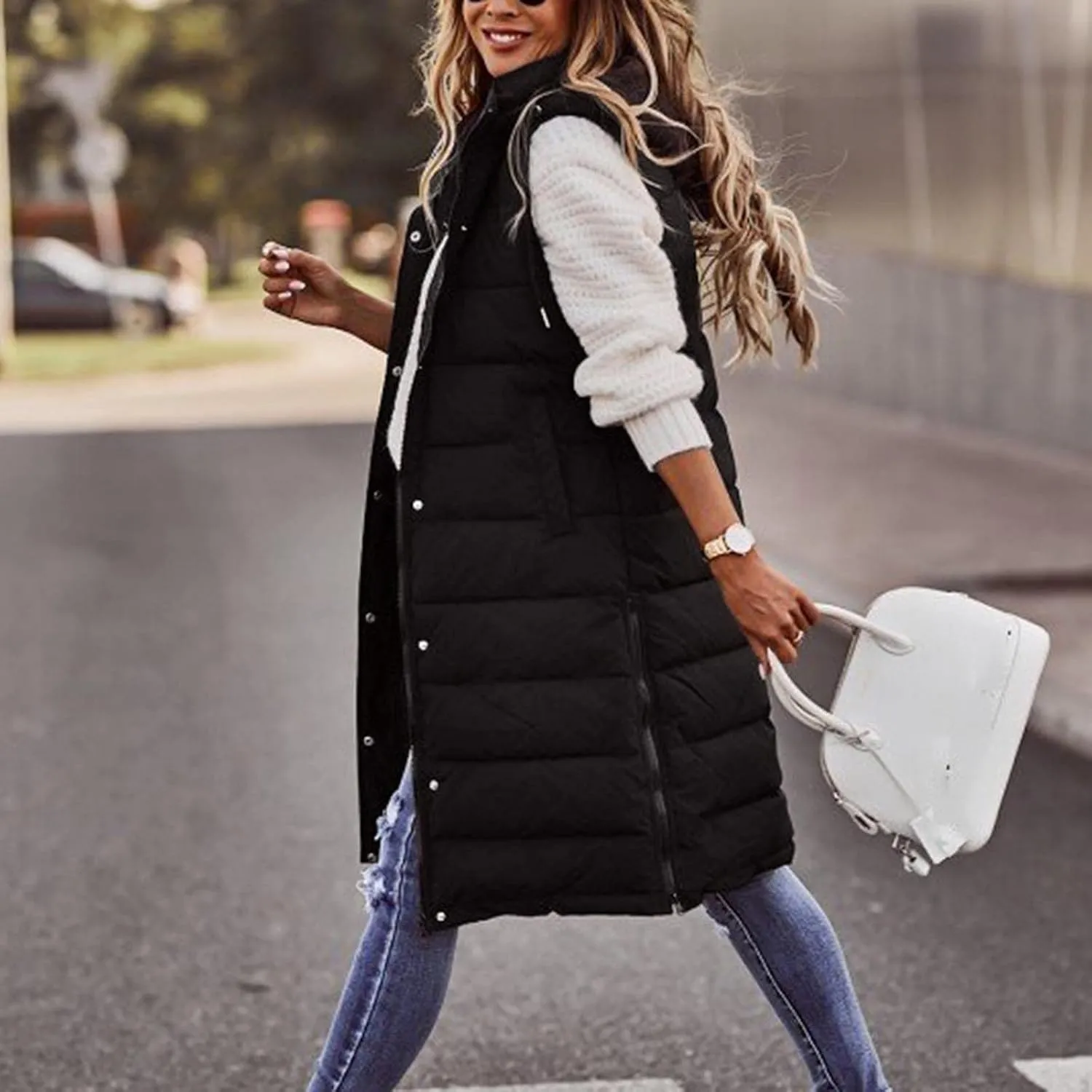 GOKKILRW Womens Winter Long Puffer Vests Outdoor Sleeveless Quilted Down Coats with Hood Warm Zip Up Cotton Padded Jackets