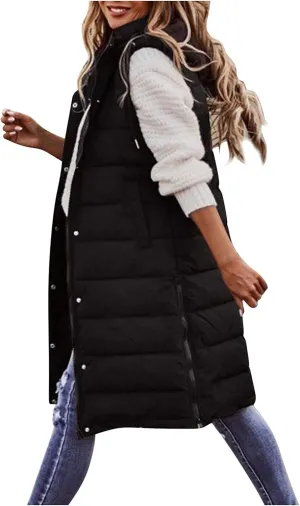 GOKKILRW Womens Winter Long Puffer Vests Outdoor Sleeveless Quilted Down Coats with Hood Warm Zip Up Cotton Padded Jackets