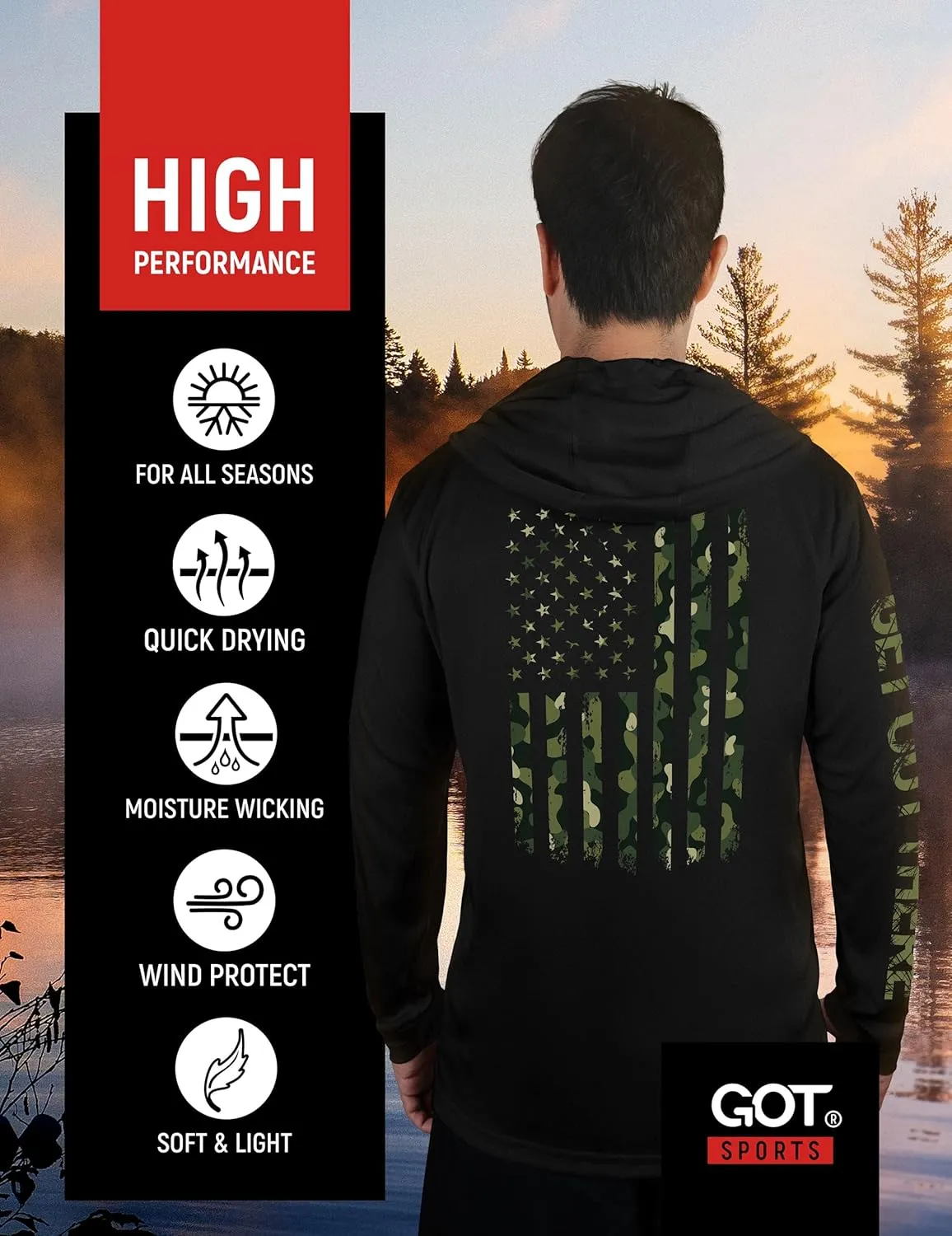 GOT Sports UPF 50  Hooded Fishing Shirt for Men Women - Long Sleeve Hoodie T Shirts - UV Sun Protection, Lightweight