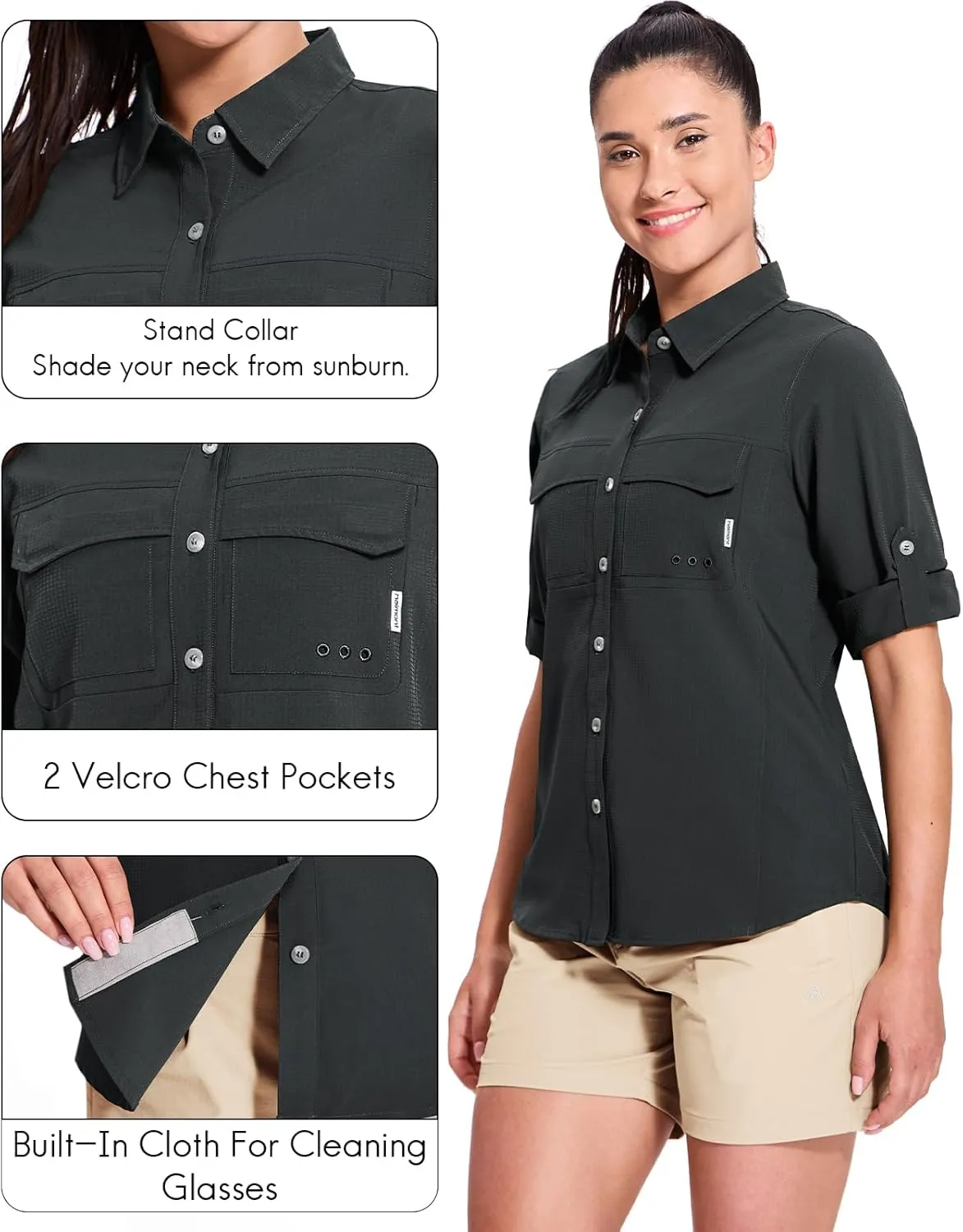 Haimont Women's Travel Hiking Fishing Button Down Shirt, UPF 50  UV Long Sleeve Sun Shirts for Outdoor Camping Sailing