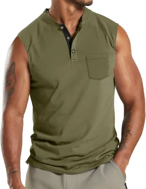 Henley Tank Top Men Summer Casual Sleeveless V Neck Button Up Muscle T Shirts with Pocket Beach Vacation Tops for Men