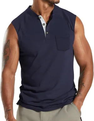 Henley Tank Top Men Summer Casual Sleeveless V Neck Button Up Muscle T Shirts with Pocket Beach Vacation Tops for Men