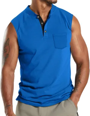 Henley Tank Top Men Summer Casual Sleeveless V Neck Button Up Muscle T Shirts with Pocket Beach Vacation Tops for Men