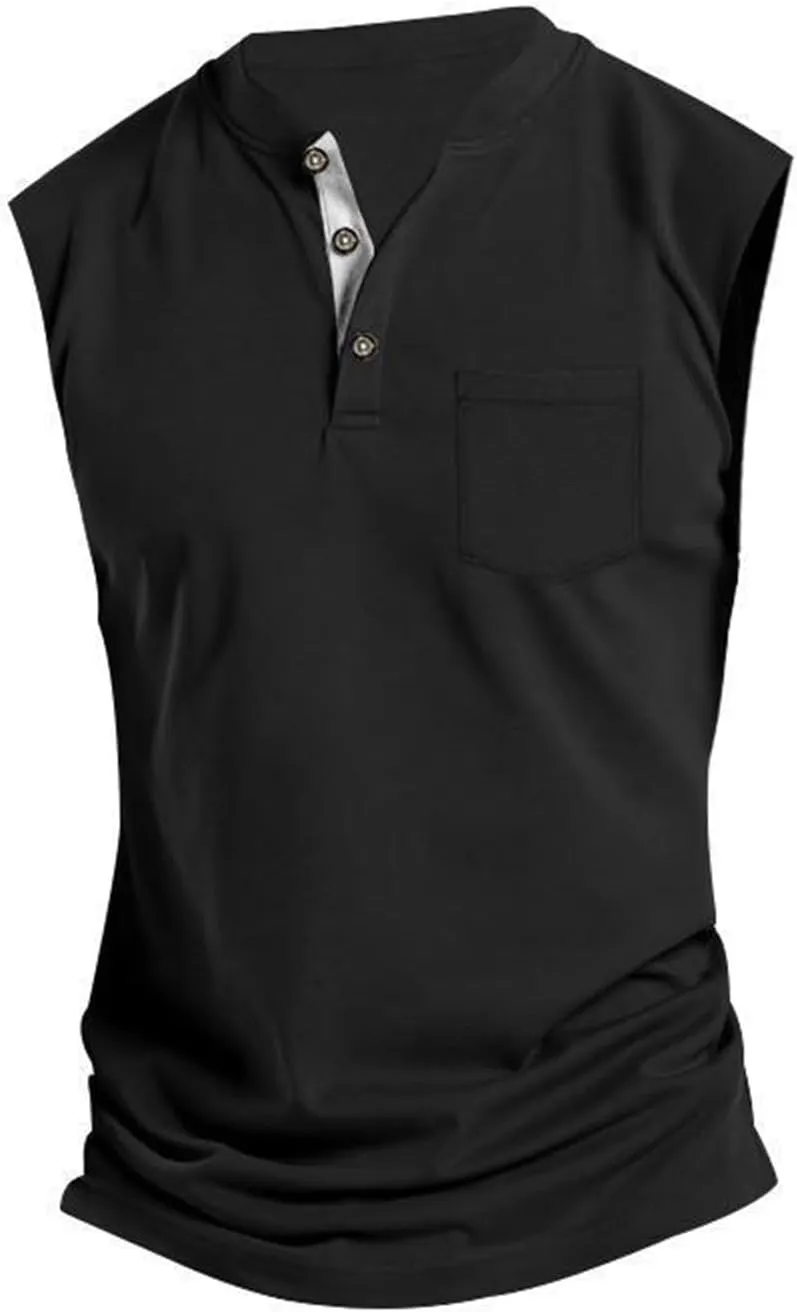 Henley Tank Top Men Summer Casual Sleeveless V Neck Button Up Muscle T Shirts with Pocket Beach Vacation Tops for Men