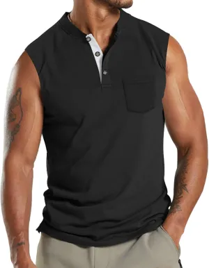 Henley Tank Top Men Summer Casual Sleeveless V Neck Button Up Muscle T Shirts with Pocket Beach Vacation Tops for Men