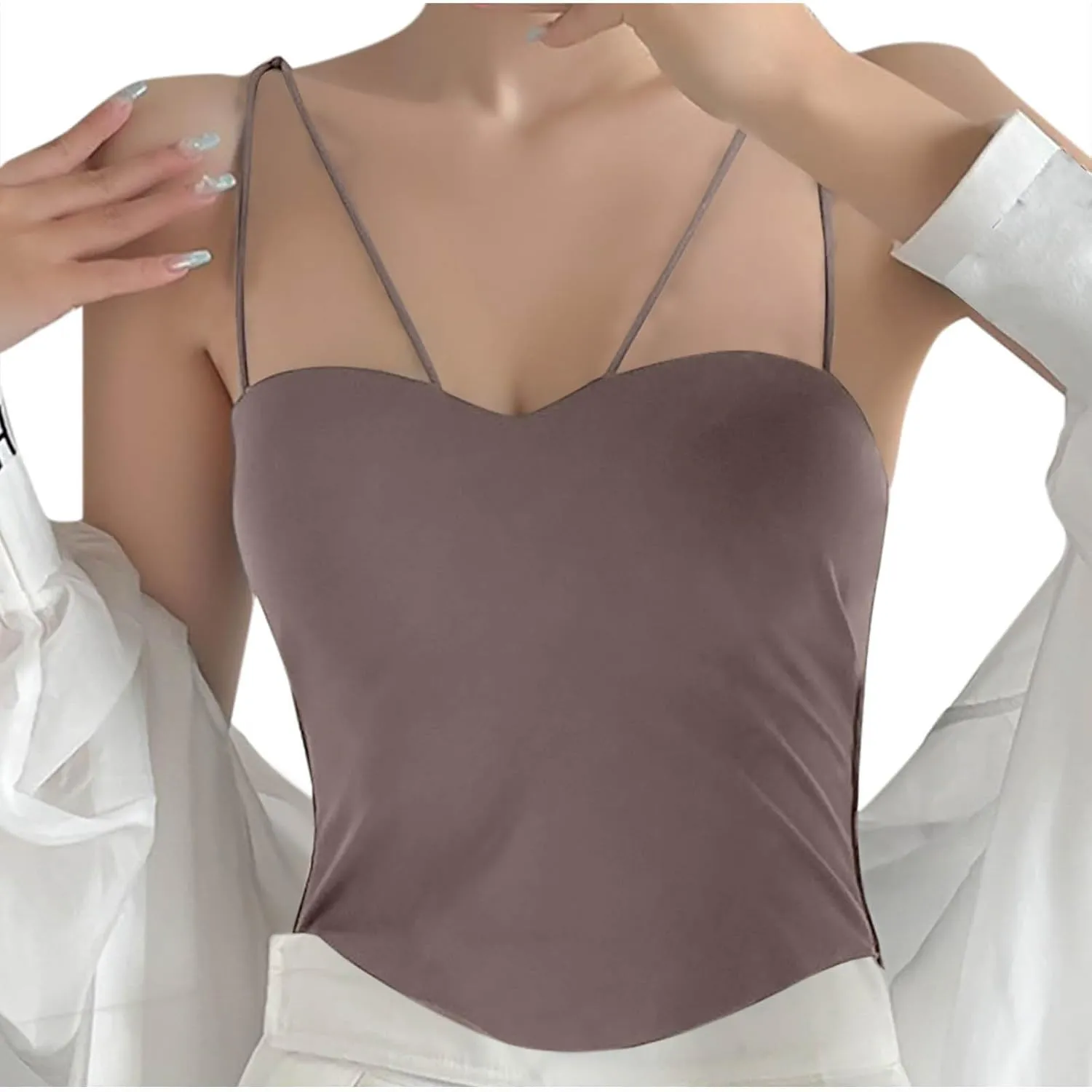 HGps8w Women's Built in Bra Camisole Sexy Spaghetti Strap Tank Tops Bandeau Workout Yoga Undershirts