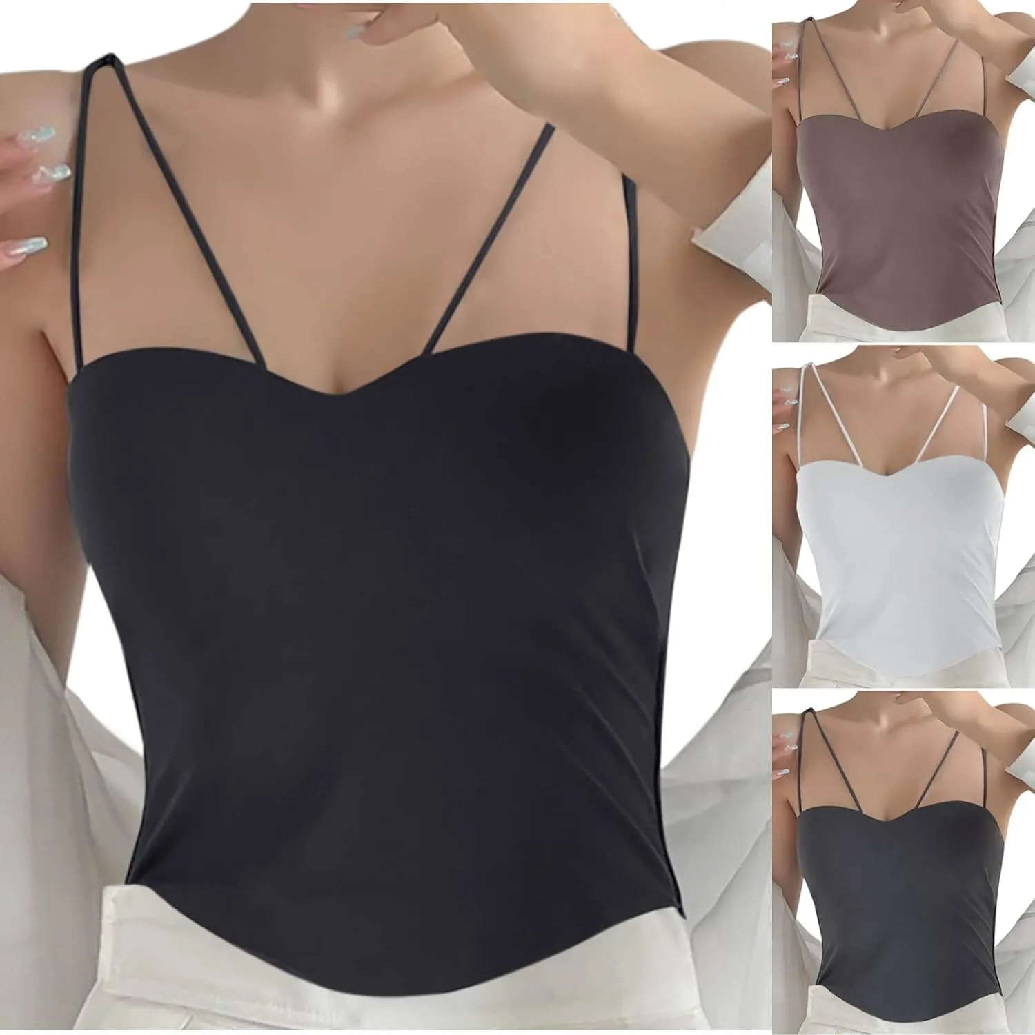 HGps8w Women's Built in Bra Camisole Sexy Spaghetti Strap Tank Tops Bandeau Workout Yoga Undershirts
