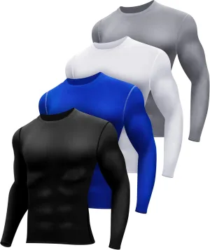 Hicarer 4 Pack Men's Compression Shirts Dry Fit Long Sleeve Athletic Workout Top Thermal Shirt Gym Sports Base Layers