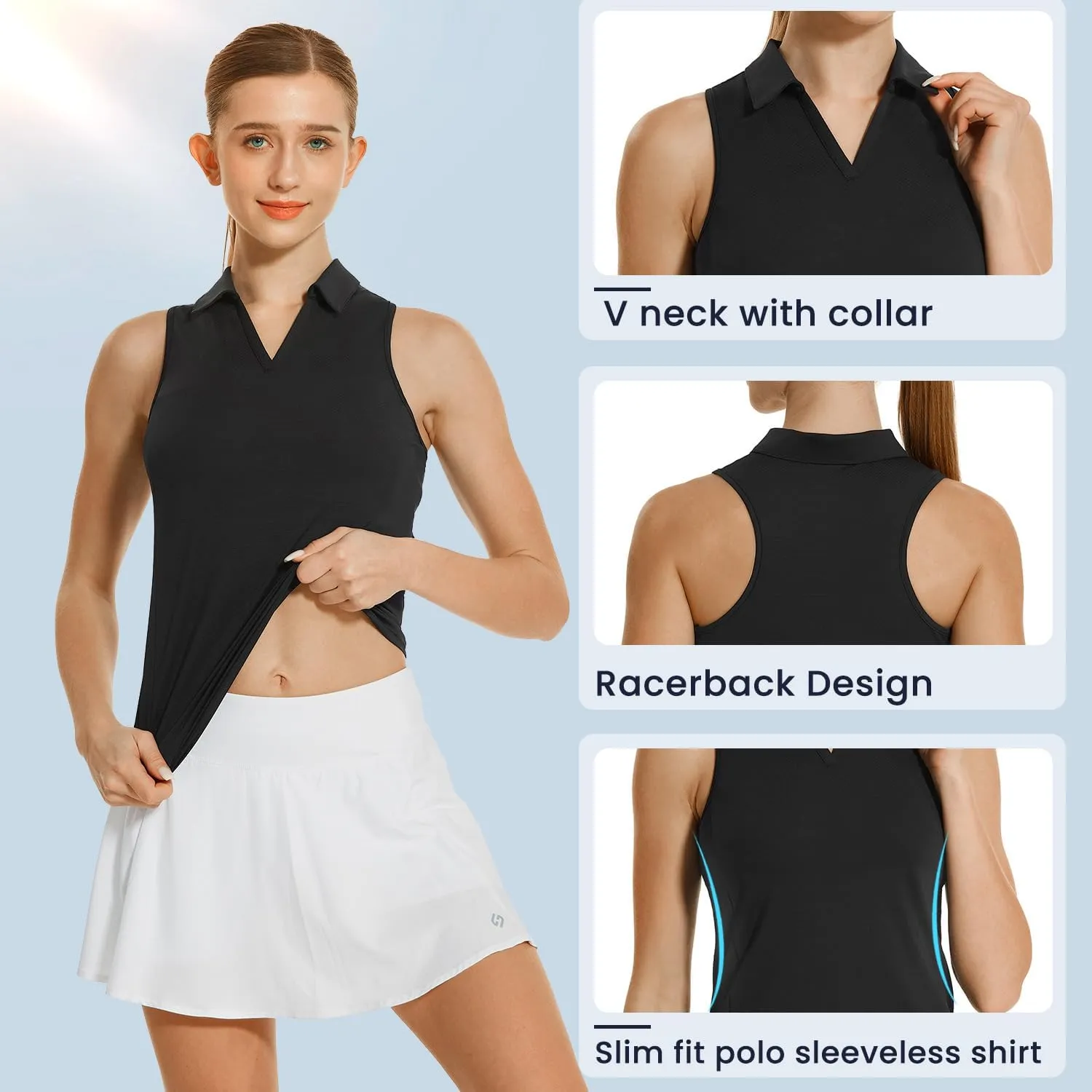HODOSPORTS Women's Sleeveless Golf Polo Shirts V-Neck Tennis Shirts Quick Dry Racerback Tank Tops
