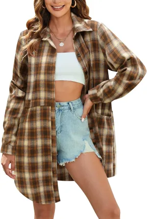 HOTOUCH Womens Flannel Plaid Shirts Roll Up Long Sleeve Mid-Long Casual Boyfriend Shirts with Pockets