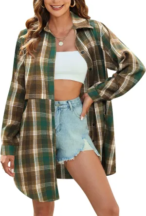HOTOUCH Womens Flannel Plaid Shirts Roll Up Long Sleeve Mid-Long Casual Boyfriend Shirts with Pockets