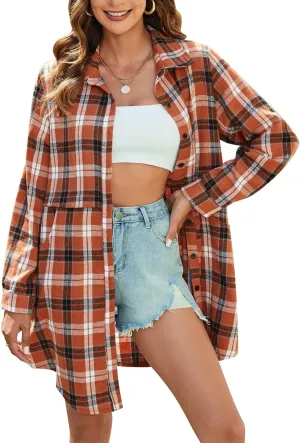 HOTOUCH Womens Flannel Plaid Shirts Roll Up Long Sleeve Mid-Long Casual Boyfriend Shirts with Pockets