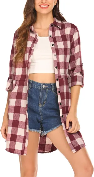 HOTOUCH Womens Flannel Plaid Shirts Roll Up Long Sleeve Mid-Long Casual Boyfriend Shirts with Pockets